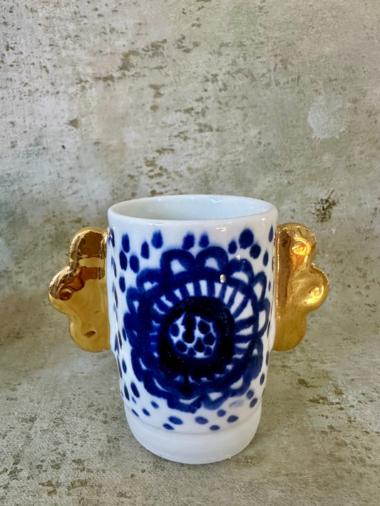 Blue & White Flower Vase with Gold Handles - small - Gemma Pettiford