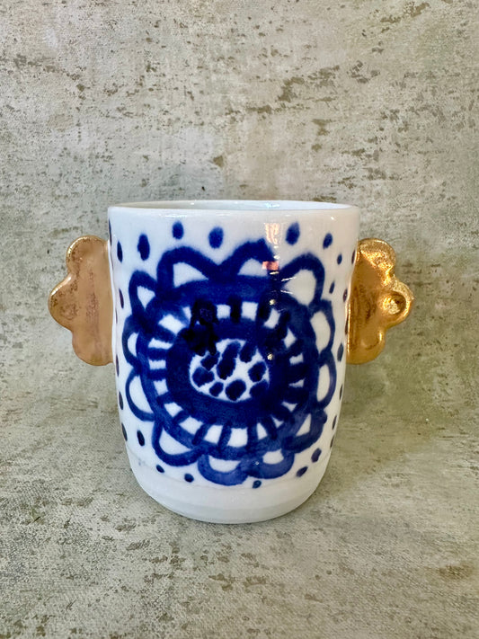 Blue & White Flower Vase with Gold Handles - Gemma Pettiford