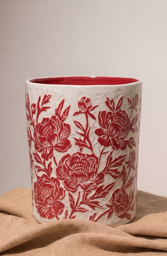 Blaze of Peonies - Round Vase - Kerry Hardy